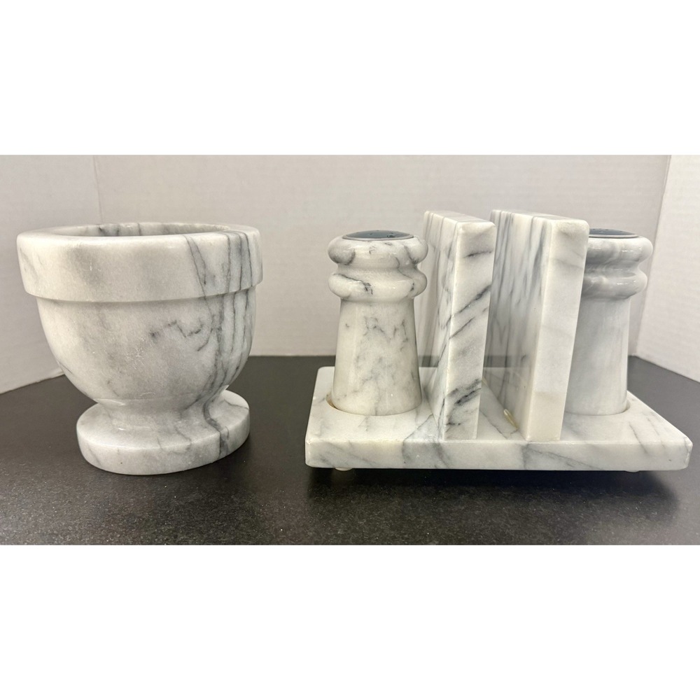 Vintage Marble Mortar Bowl Salt Pepper Shakers Napkin Holder Set Taiwan